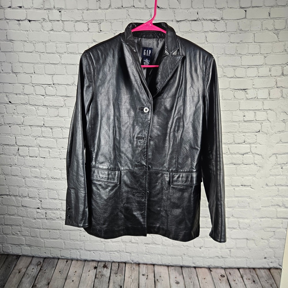 Gap Womens Black Genuine Leather Blazer Jacket Size S Four Button Coat Vintage